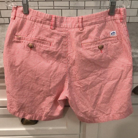 Southern Tide Skipjack Shorts Mens 33 Red White Stripe Seersucker Cotton Flat - Picture 3 of 8